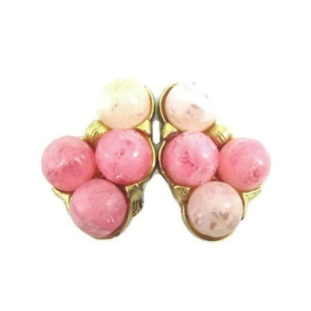 Vintage Signed Kramer Pink‎ Bubble Glass Bead Gold Plated Clip-On Earrings